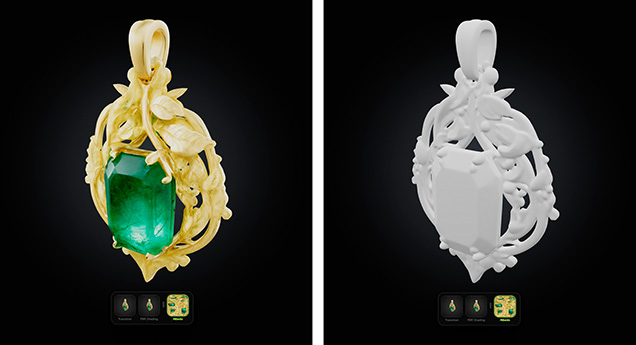 Figure 18. Images from Meshy.AI using the prompt “green emerald amulet, yellow gold, high detail, organic leaf and vine design.” This program creates fully three-dimensional models from a text prompt, as opposed to the flat 2D images of other programs. Some of the finer details are “painted” onto the model with a colored image that is applied to a simpler 3D object. Finer details suggest that the gem and pendant are separate objects (left). The same object with the colored image removed (right) reveals the actual 3D geometry created. Note that the gem and pendant are actually one object painted as different materials.