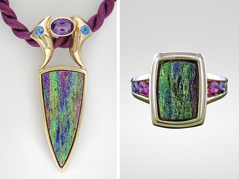 Rainbow hematite in pendant (left) and ring (right).