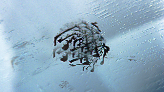Figure 1. Hematite inclusions extend from the center of an aquamarine sample from Xinjiang, China. Photomicrograph by Yubing Chen; field of view 3.64 mm.