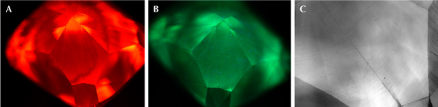 Three images of a crystal: A shows it in red light, B in green light, and C in grayscale, highlighting different visual properties.