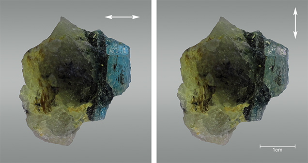 Greenish blue and pale yellow color in grandidierite