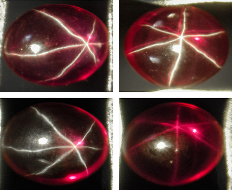 Synthetic ruby with a white star and a red-purple star, before and after grinding and repolishing