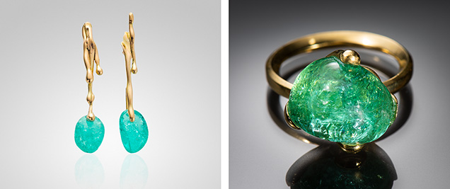 Drip Earrings and Emerald Ring