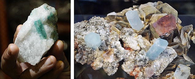 Figure 2. Left: A beryl specimen dyed with pigment clearly visible to the unaided eye. Right: The aquamarine are attached with glue to appear as a natural occurrence within this host rock. Photos by Talha H. Bakht.