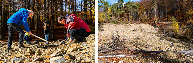 Figure 9. Left: The author opal hunting (with Jozef Čurík in the blue parka) on the heap of the Viliam drainage adit (Libanka mine). Right: Part of the heap of the Viliam drainage adit. Photos by Slavomír Krestian; courtesy of Slovenské opálové bane Ltd.