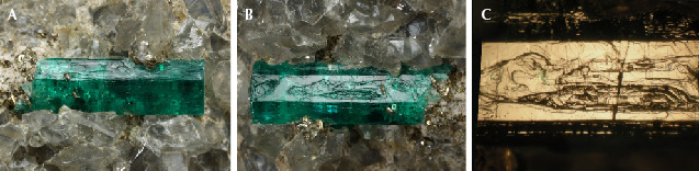 Figure 4. A and B: In sample 1 (11.8 mm in length), stepped surface structures on different prismatic <em>m</em> faces of a Colombian emerald crystal represent layered growth in subsequent growth steps. C: Best observation of such layered stepped growth structures is achieved in reflected light. Photos by G. Martayan (A and B) and K. Schmetzer (C; field of view 6.0 mm).