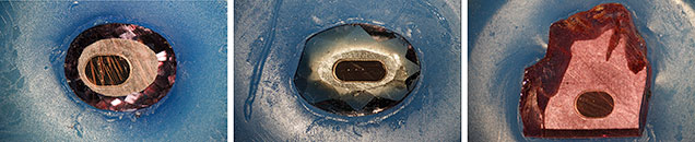 Three flat pyrope wafers attached in wax