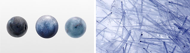 Figure 1. Left: Three quartz spheres weighing 4.85, 5.50, and 5.40 ct, respectively, colored by blue needle-like inclusions. Right: Abundant needle-like blue mineral inclusions in the 5.50 ct quartz sphere, with some displaying triangular cross sections; field of view 1.75 mm. Photos by Rong Liang.