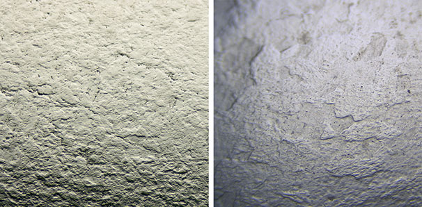 Figure A-1. The orange peel effect on the surface of jadeite from Guatemala (left) and nephrite from Russia (right) viewed under oblique illumination. Photomicrographs by Meiyu Shih; field of view 6 mm.