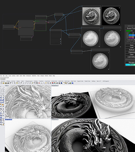 Figure 17. “Dragon Coin” by Chris Botha. Stable Diffusion image and depth map; 3D design in ZoeDepth and Rhinoceros 3D. The top image shows a customized program for Stable Diffusion using the ComfyUI user interface. ComfyUI allows the user to control Stable Diffusion with a visual programming language. Each piece of code is represented as a box with specific inputs and outputs. The boxes are connected together via these input and output connectors to modify the code, creating detailed images from the text prompt and then transforming the detailed images into heightfield images suitable for ZoeDepth. The bottom image uses Rhinoceros to show the 2.5D object created from this image by ZoeDepth.
