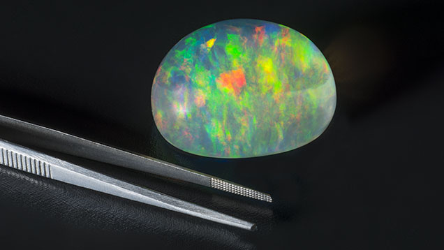 Figure 13. This 264.44 ct Ethiopian opal displays a spectacular play-of-color phenomenon. Photo by Robert Weldon; courtesy of Tewodros Sintayehu, Orbit Gems, and Bill Marcue, DW Enterprises.