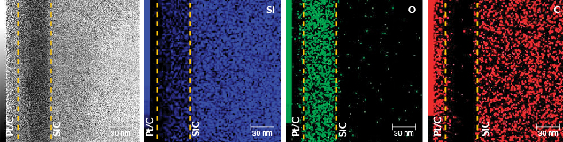 Figure 5. TEM and corresponding EELS images of sample BM01. These images corroborate the AES experimental results and clearly show the film thickness and composition.