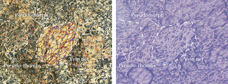 Figure 10. White nephrite sample ELS27 showing a metasomatic pseudomorph microstructure of numerous tiny tremolite grains. Crossed-polarized illumination (left) and reflected darkfield illumination (right). Photomicrographs by Meiyu Shih; field of view 4.18 mm.
