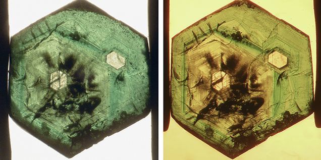 An emerald from Swat Valley shows an interesting growth pattern with two colorless cores.