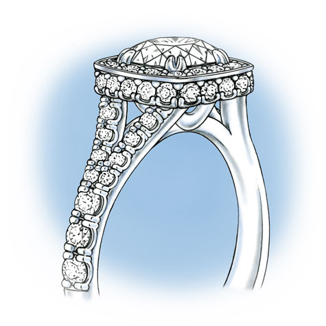 Perspective view of a platinum ring with a halo setting, featuring a split shank set with diamonds