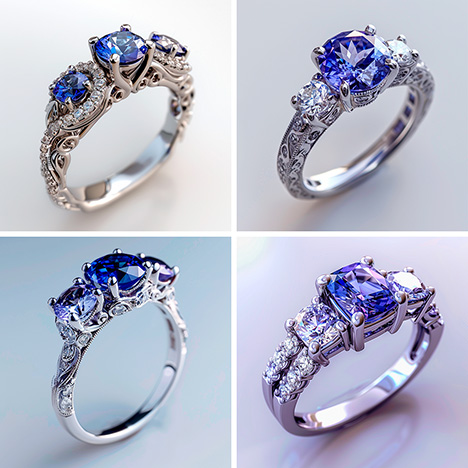 Figure A-1. Images generated by Midjourney 6. These designs feature intricate details, including organic scrolls and fine milgrain. The gems are in the appropriate color range for tanzanite and diamonds. The images also feature a certain amount of depth of field, making them more photorealistic.
