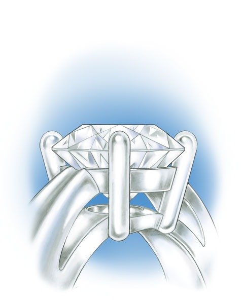 Close-up view of a four-prong, platinum solitaire with a round center stone