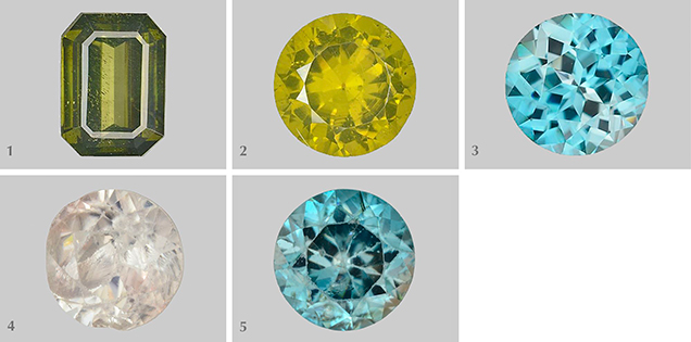 Five zircon samples studied for radioactive degradation of crystal structure.