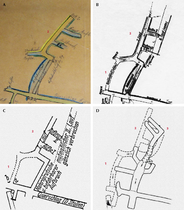 Four maps of a portion of the D gallery at the Habachtal mine