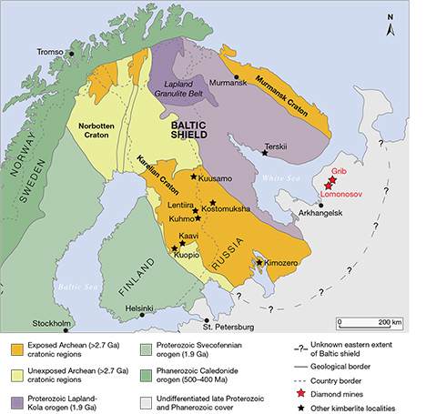 Geological map of the Baltic shield in Scandinavia and northwestern Russia.