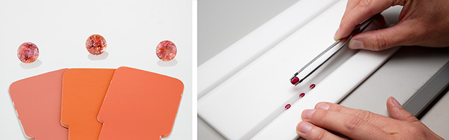 Figure 8. Left: Orangy pink to pinkish orange “padparadscha” sapphires being compared to Munsell color chips. Right: A gemologist comparing a ruby to “pigeon’s blood” master stones. Photos by Annie Haynes (left) and Kevin Schumacher (right).