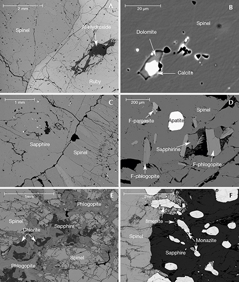 Images of inclusions in corundum cores and spinel corona