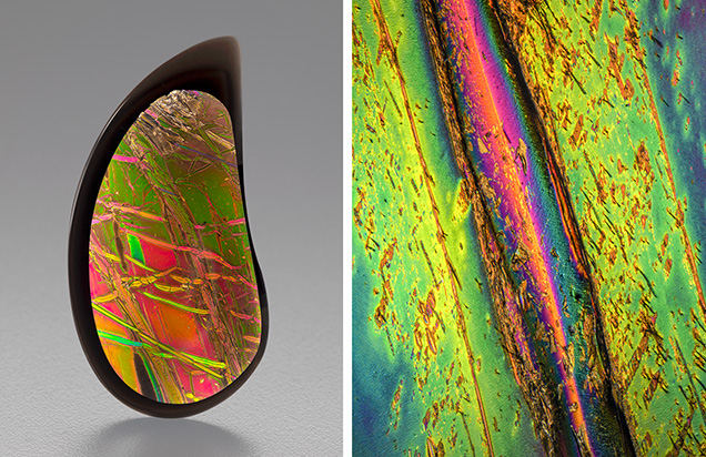 Left: 75.58 ct, 47.5 × 38.9 mm. Right: field of view 8.95 mm.