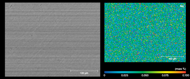 Figure 10. The BSE image and corresponding EPMA map of the coated surface of PM02 show that it contained gold with an uneven distribution.