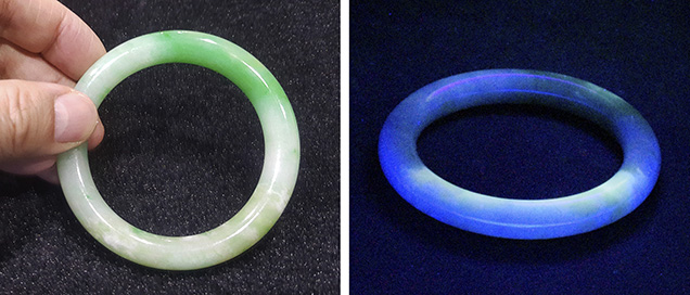 The wax-impregnated bangle (left) showed bluish fluorescence under long-wave UV.