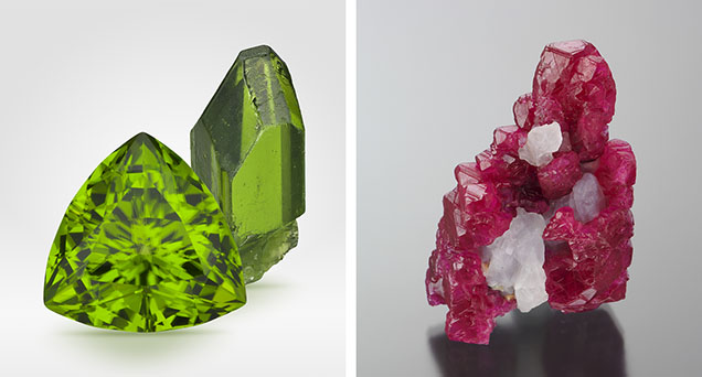 The 2026 Sinkankas Symposium will explore the world of Burmese gems, including peridot (left) and ruby (right). Photos by Robert Weldon; courtesy of the Larson family.
