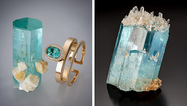 Aquamarine and gold bracelet alongside aquamarine crystal.
