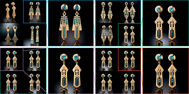 Figure 1. Midjourney 5.2 image variations produced from the prompt “a pair of 18 karat yellow gold earrings featuring a fusion of Art Deco and ancient Egyptian styles.” At each stage in this figure, the user selects one of the images (marked here by the colored square boundary) and feeds it back into the AI, which generates four new variations. In this manner, the image is further refined to suit the tastes of the designer or the client.