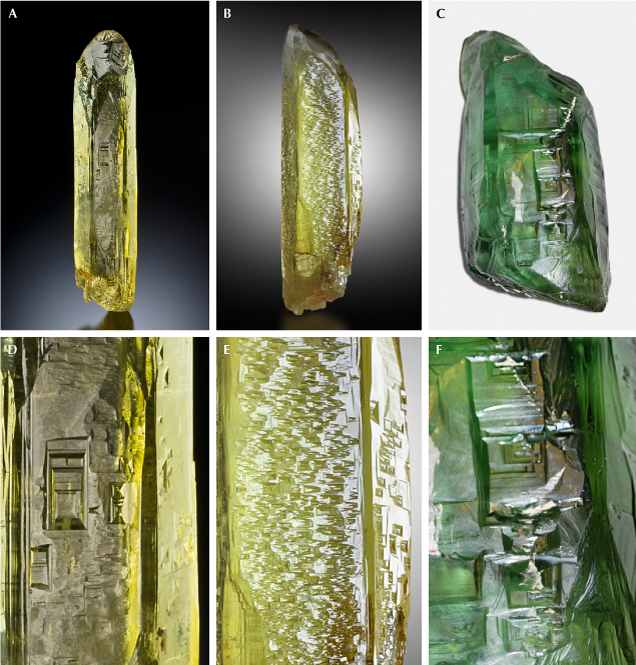 Images of various mineral crystals, showcasing different colors and structures, including yellow and green hues.