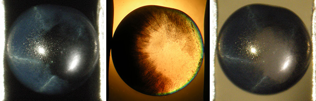 Linde synthetic blue sapphire with pronounced color zoning and asterism, shown with different backgrounds