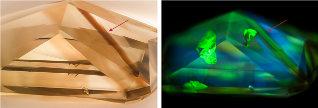 Left: The strong linear brown zoning (arrow) of the 2.21 ct Fancy Dark yellow-brown diamond was best viewed under diffused light, also revealing the stone’s patchy bodycolor. Photomicrograph by Britni LeCroy and Jeffrey Hernandez; field of view 7.19 mm. Right: The associated DiamondView image shows a vibrant mixture of fluorescence patterns, with the brown zone displaying dull yellow-green fluorescence while retaining its linear structure (arrow). Image by Jeffrey Hernandez.