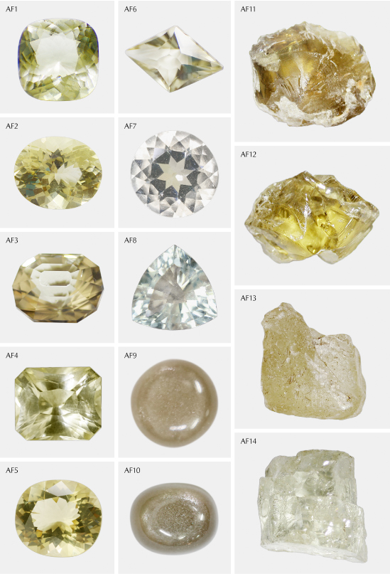 Figure 4. Anorthoclase samples from this study consisted of eight faceted stones, two cabochons, and four rough samples within three color groups: near-colorless, brownish gray, and yellow. Photos by Le Ngoc Nang.
