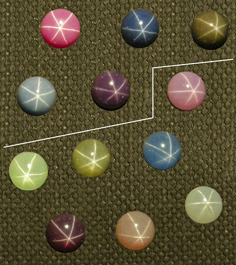 Collection of Linde synthetic rubies and sapphires purchased in the 1970s, each showing a white six-rayed star