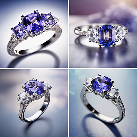 Figure A-2. Images generated by DreamStudio SDXL v1.0. These designs are less detailed but still mainly accurate depictions of jewelry. The metal and gemstones show the appropriate color range for their materials. The image on the bottom left shows some inaccuracies on the prong settings, blurring between prongs and diamonds on the center setting and adding extra prongs to the side setting on the left. Again, a certain amount of depth of field is apparent, making the images more photorealistic.