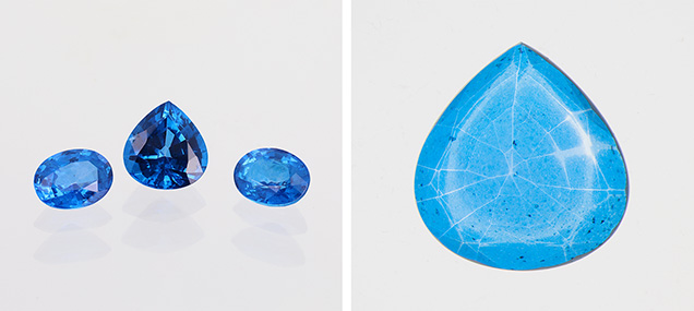 Figure 1. Left: Sapphires, weighing 1.43, 1.55, and 2.65 ct, diffused with cobalt and zinc, which formed a surface layer of blue spinel. Right: The 2.65 ct sample in immersion with brightfield illumination showing the typical spiderweb effect of diffused stones. Photos by Féodor Blumentritt.