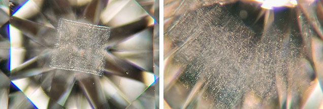Left: Table-up view of a 0.34 ct round brilliant with SI<sub>2</sub> clarity possessing a square-shaped cloud; field of view ~2.9 mm. Right: When viewed through the pavilion, the cloud feature appears much less ordered; field of view ~1.6 mm. Photomicrographs by Deepak Raj.