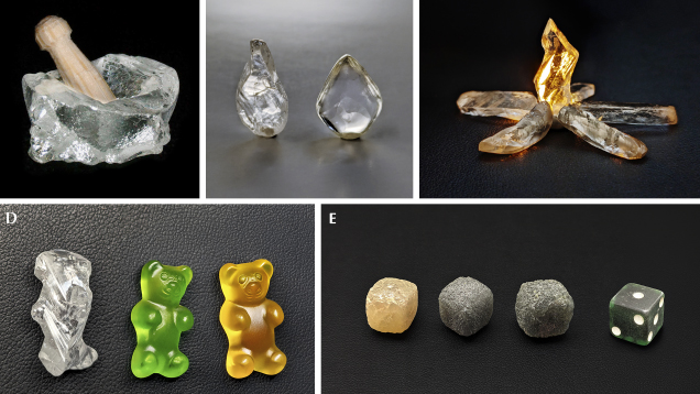 Collage of five images showing different diamond sculptures that resemble a mortar and pestle, a campfire, gummy bears and dice.