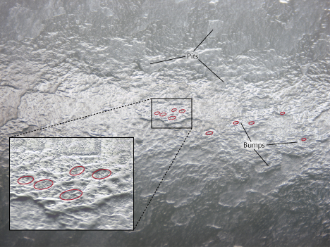 A textured surface with visible pits and bumps, highlighted in red circles. An inset shows a closer view of the features.