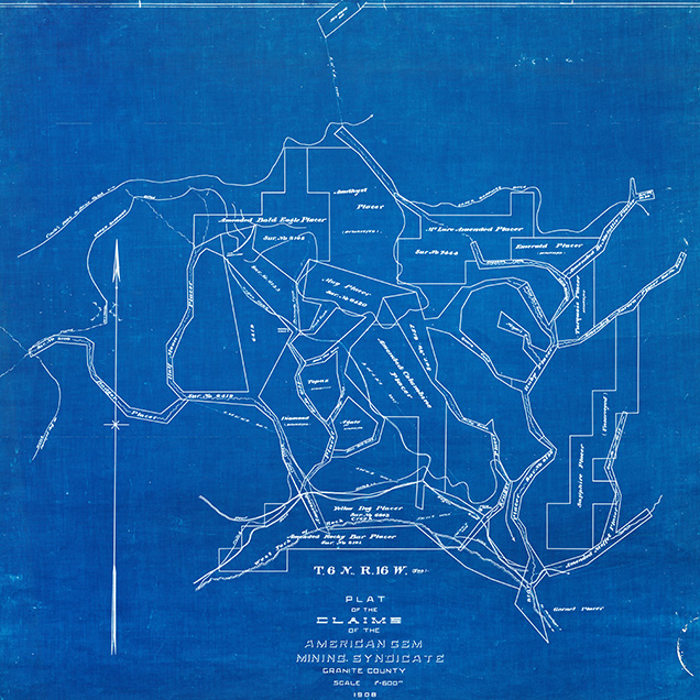 Figure 10. A 1908 map of the mining claims of the American Gem Syndicate at Rock Creek. The various placers are labeled along with water-carrying ditches and streams. Map A-457, Plat of the claims of the American Gem Mining Syndicate, Granite County, 1908, Montana Historical Society Photograph Archives.