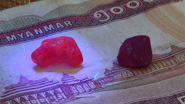 Figure 12. The larger of these two rubies from Namya, Myanmar, weighing 7.5 ct (left) and 4.5 ct (right), is pictured under long-wave fluorescent light. These high-quality gems from Kachin State are often mistaken for Mogok rubies due to their similar quality. Photo by Wim Vertriest.