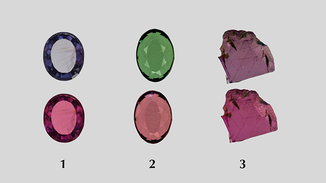 Polished “color-change” pyrope garnet wafers under daylight-equivalent and incandescent light