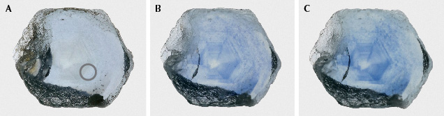 Figure 49. The sapphire in example 4, measuring 8.1 × 6.5 mm: unheated (A), heated to 1700°C and slowly cooled (B), and heated to 1700°C and rapidly cooled (C), showing a deeper blue color with rapid cooling. The gray circle shows the area of analysis. Photos by Aaron Palke.
