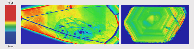 Figure 15. Photoluminescence (PL) false-color maps displaying changes in the area of the ~694 nm PL band revealed growth zoning patterns in sapphires related to differences in chromium concentrations with maximum peak areas in red and minimum in blue. Complex zoning in a faceted French Bar sill sapphire (RK-FBS 041, left) and a rough Missouri River sapphire (AC325, right) showing distribution of Cr<sup>3+</sup> luminescence marking the hexagonal growth patterns.