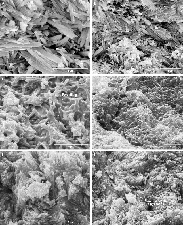 Figure 17. Morphological characteristics of untreated and porcelain-treated turquoise. The structure of untreated turquoise (N14) is shown via SEM imaging with 10,000× magnification (A) and 6,000× magnification (B). C and D: Microcrystal boundaries of porcelain-treated turquoise (H3) are blurred and pores are filled by colloidal material. E and F: The microcrystals inside sample H3 are columnar and plate-shaped.
