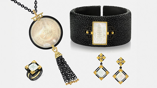 Figure 1. An 18K yellow gold and blackened sterling silver shagreen wide cuff bracelet, pendant, earrings, and ring set with antique mother-of-pearl gaming counters. Courtesy of Sarosi by Timeless Gems.