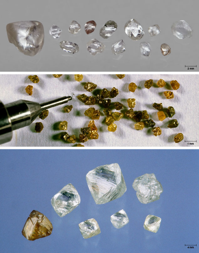 Diamonds from Suriname (top), French Guiana (middle), and Guaniamo, Venezuela (bottom). 